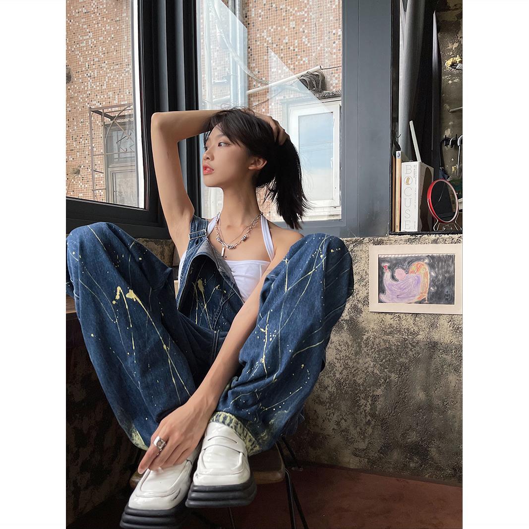 Splashed ink lines denim overalls women's American style high street hiphop hot girl fried street tooling casual wide-leg pants autumn