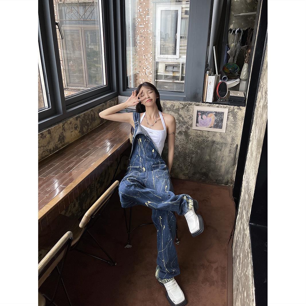 Splashed ink lines denim overalls women's American style high street hiphop hot girl fried street tooling casual wide-leg pants autumn