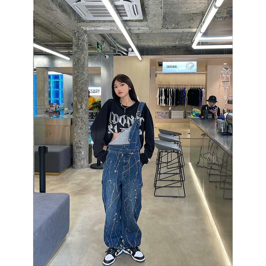 Splashed ink lines denim overalls women's American style high street hiphop hot girl fried street tooling casual wide-leg pants autumn