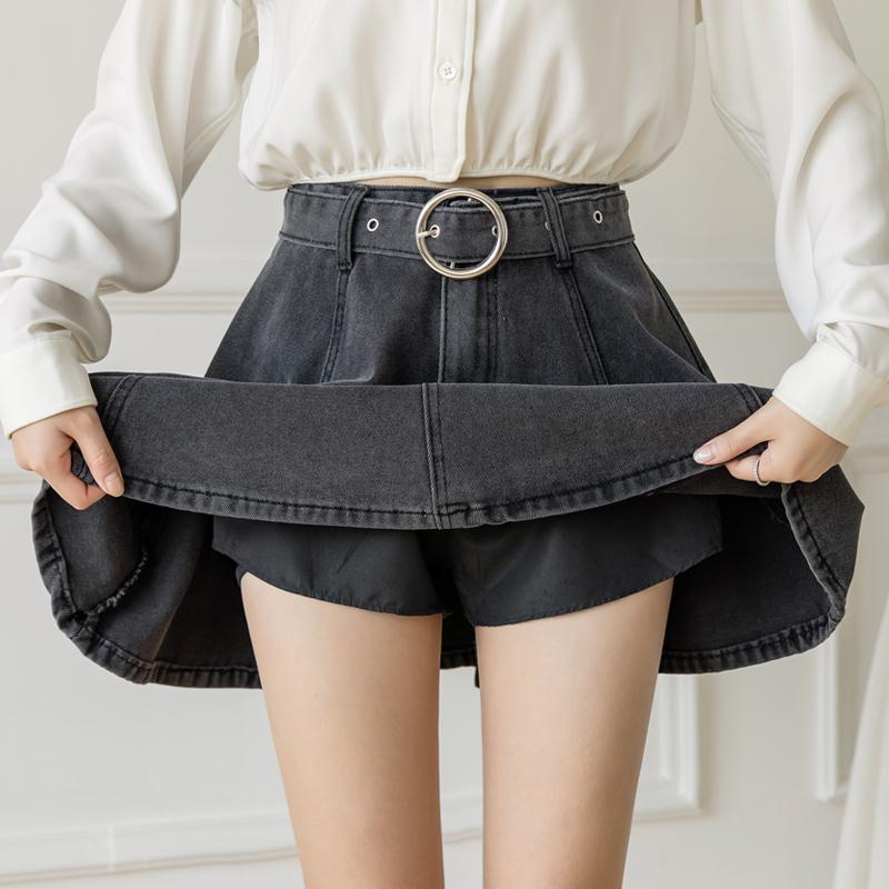  Spring and Summer New Student Denim A-line Skirt High Waist Slim Small Short Skirt Women's Pleated Umbrella Skirt