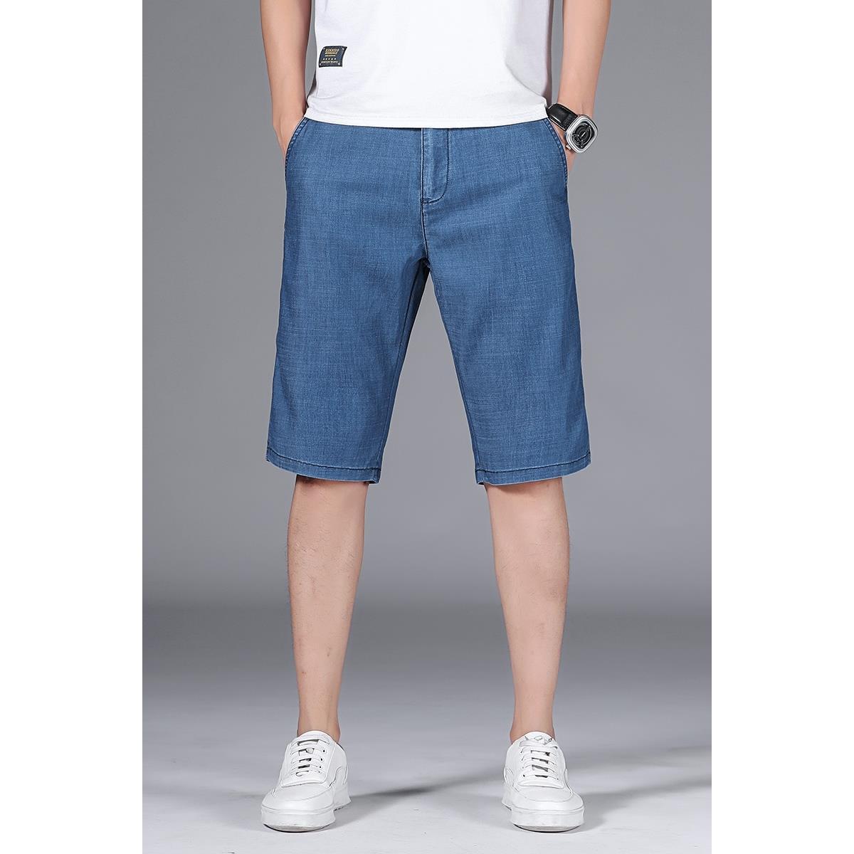 Baiyuan pants industry summer thin tencel denim shorts men's loose straight five-point pants high waist middle-aged pants