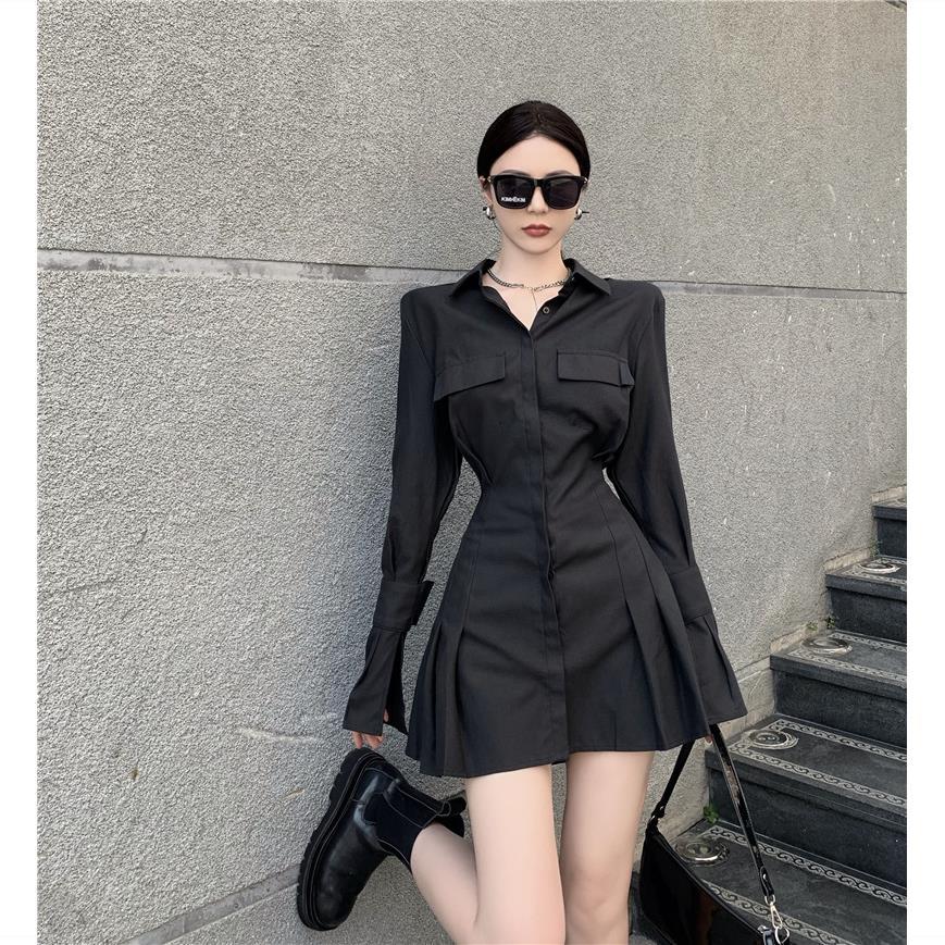 早秋長袖連衣裙女2023年新款襯衫裙氣質性感小黑裙收腰顯瘦短裙子