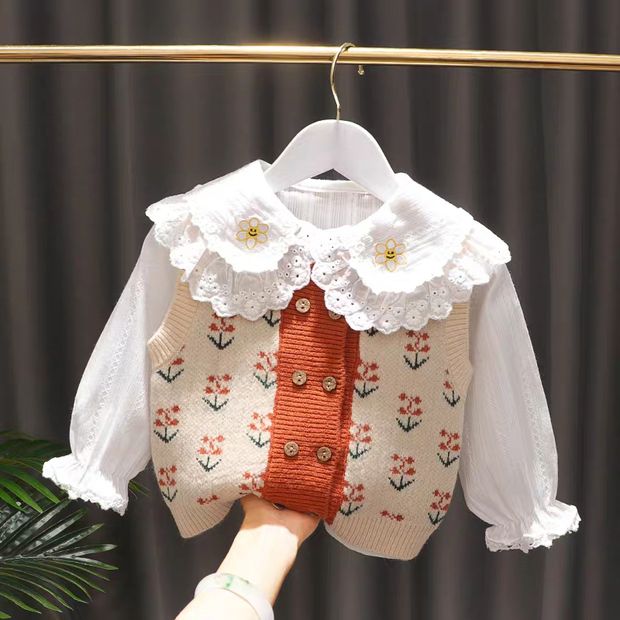 童裝女童純棉打底開衫娃娃領2021春1-3歲女寶寶刺繡時尚襯衫上衣