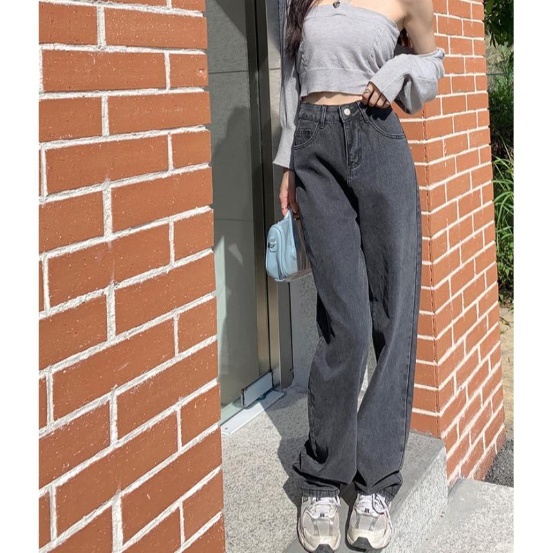 Black jeans women's spring  new high-waisted Korean version loose and slim straight-leg mopping wide-leg pants ins