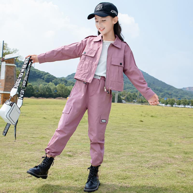 女童春裝套裝2023新款中大童洋氣休閒女孩春秋兒童工裝褲兩件套潮