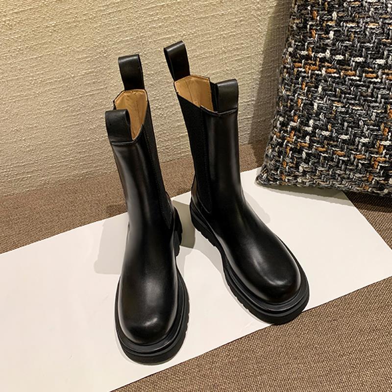 Women's summer British-style soft leather mid-calf thick-soled Chelsea short boots chimney boots for small people