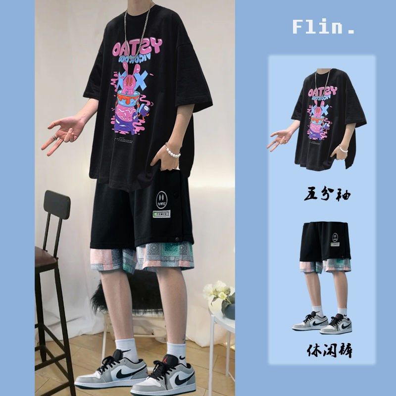 Ins Hong Kong style sports suit men's summer trend loose T-shirt short sleeve shorts a set with cool street clothes