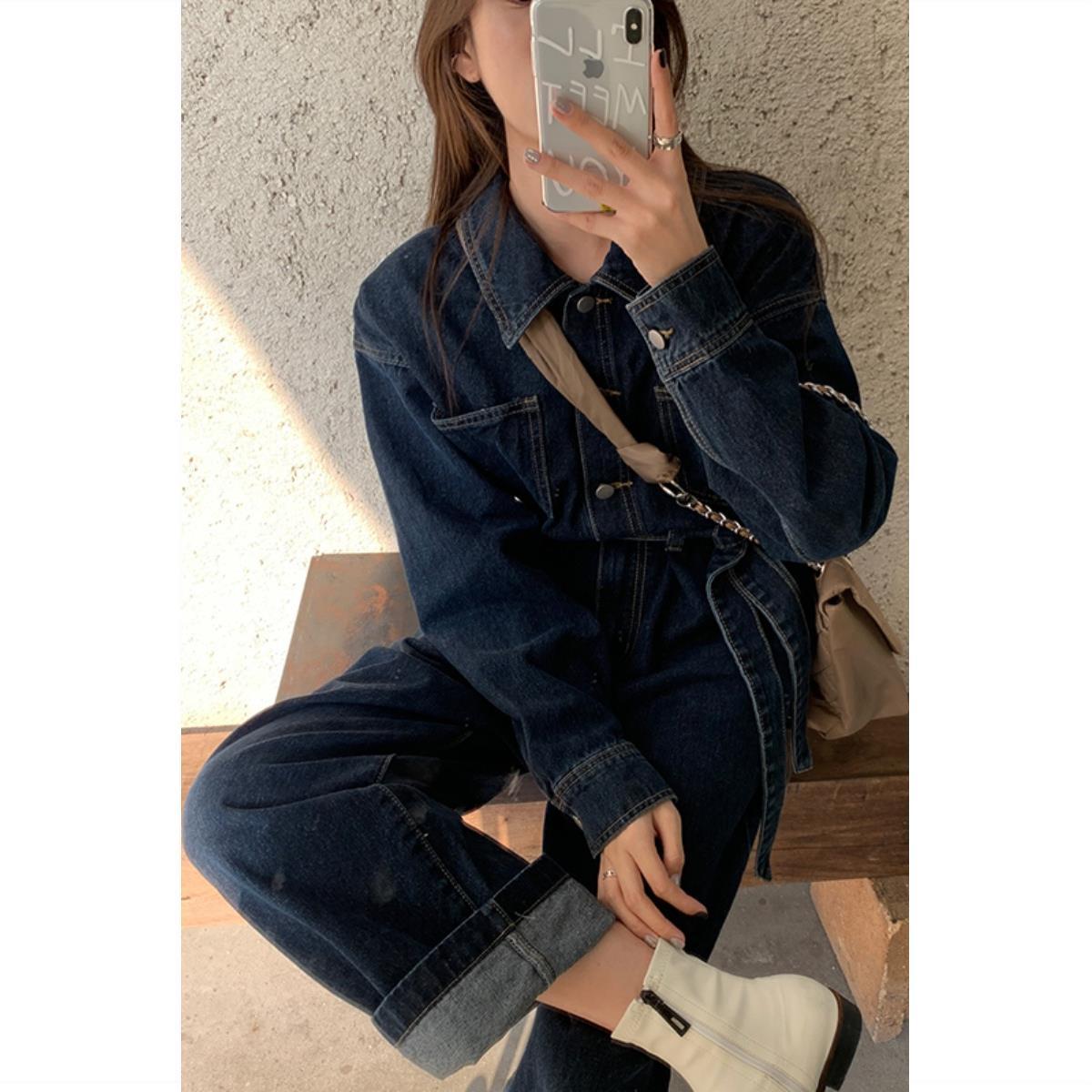 Retro Hong Kong-style jeans suit jumpsuit female autumn  new high-waisted pants straight-leg overalls jumpsuit
