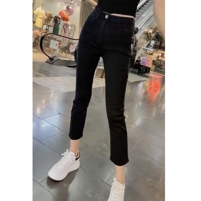 2023 Spring and Autumn New Black Slim Nine-point Jeans Women's High Waist Elastic All-match Large Size Small Feet Pencil Pants Trendy