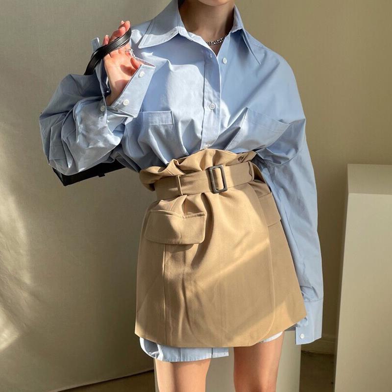 Korean chic simple and versatile loose BF style long-sleeved shirt + high-waist wrap skirt skirt