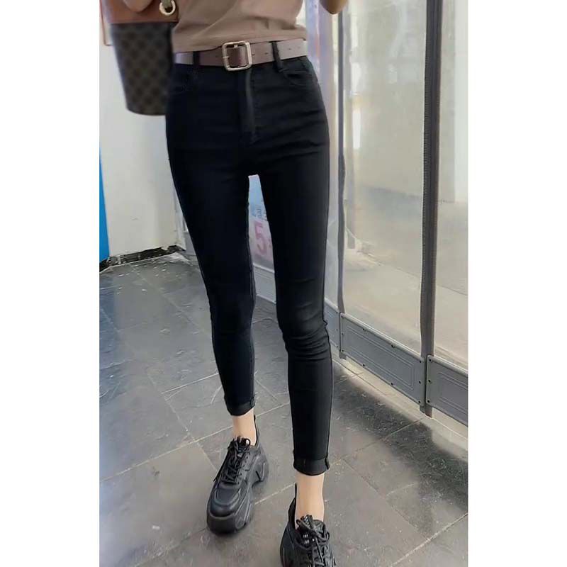 2023 autumn black slim nine points jeans women's large size new high waist elastic all-match pencil pants trendy