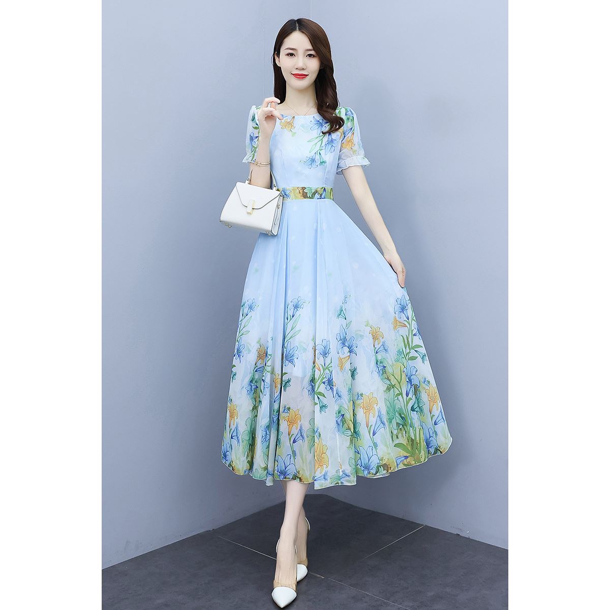  new chiffon dress summer long style slim and high school temperament skirt to cover the belly