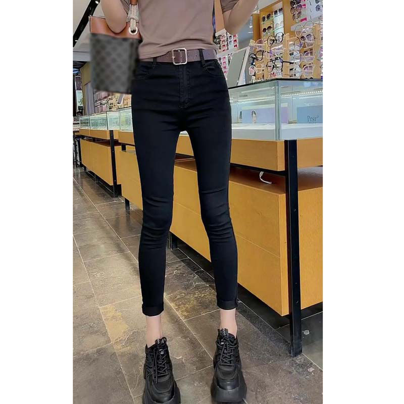 2023 autumn black slim nine points jeans women's large size new high waist elastic all-match pencil pants trendy