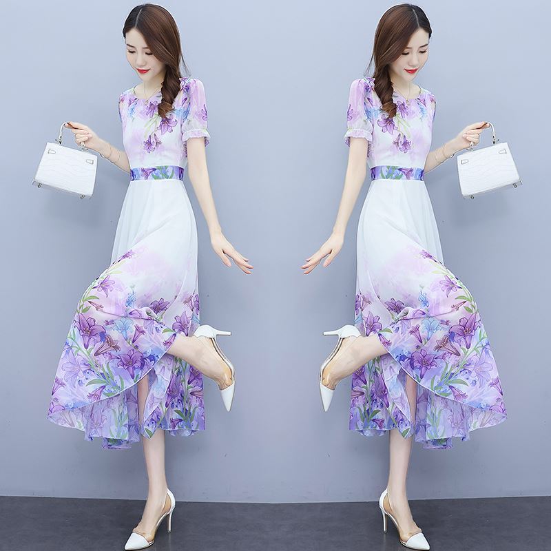  new chiffon dress summer long style slim and high school temperament skirt to cover the belly