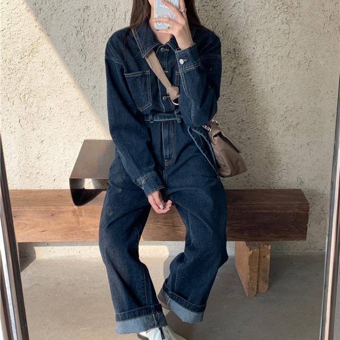 Retro Hong Kong-style jeans suit jumpsuit female autumn  new high-waisted pants straight-leg overalls jumpsuit