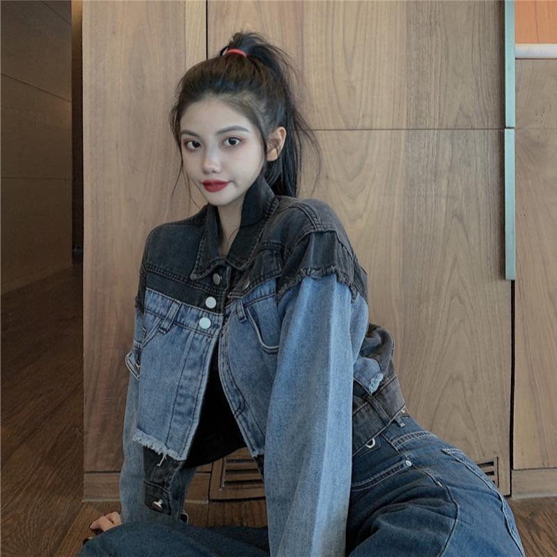 Personalized stitching denim jacket female 2023 new spring and autumn ins retro Hong Kong style long-sleeved loose jacket top