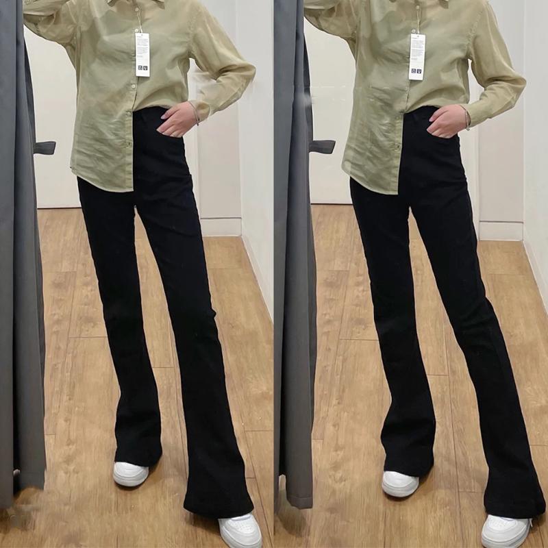 European and American niche hot girl style black micro-flare denim pants female BF high waist slim elastic slim trousers ins