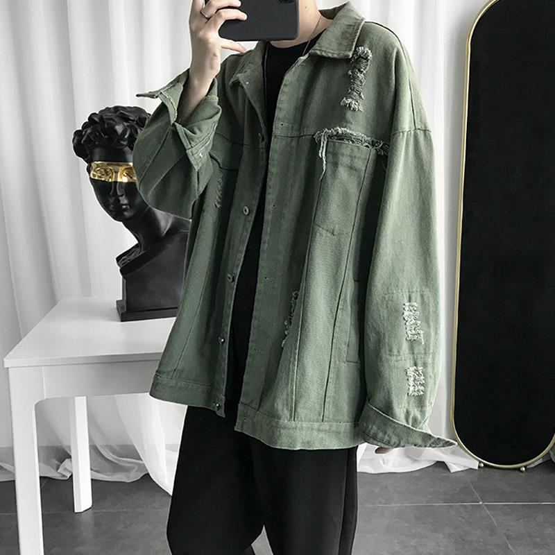 Hole handsome all-match tooling denim jacket men and women spring and autumn Korean version of the trendy clothes jacket ins all-match trendy brand