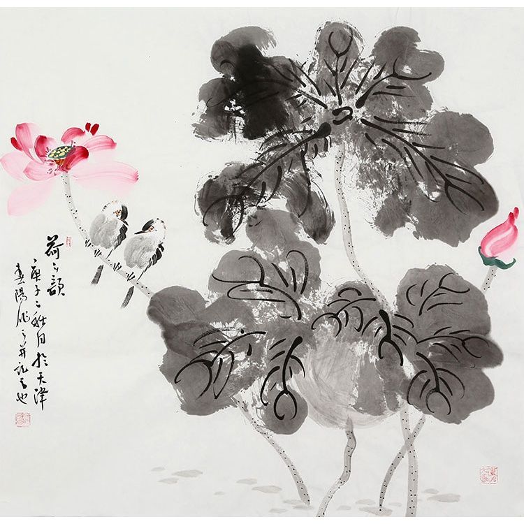 霍春阳字画手绘斗方花鸟国画作品 荷之歆 赠证书酒店装饰居家馈赠