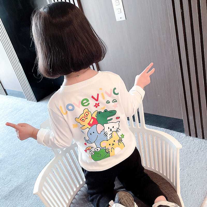 女童白色t恤兒童長袖卡通體恤秋裝2022春秋新款女寶寶上衣打底衫