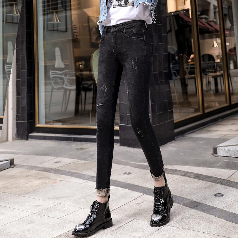 高腰假破洞牛仔褲女2023春秋新款彈力緊身顯瘦黑色修身九分小腳褲