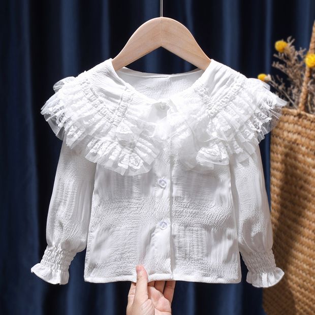 2021春裝新款女童洋氣長袖娃娃衫上衣寶寶白襯衫網紅襯衣童裝潮