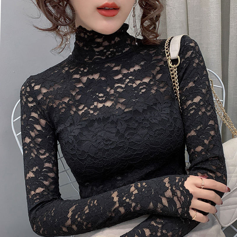 高領全蕾絲打底衫女2021早秋裝新款T恤網紗性感鏤空內搭上衣小衫