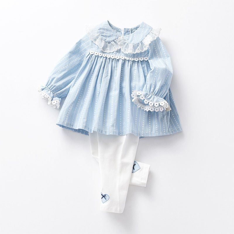儿童套装韩版秋季女童套装长袖纯棉蓝色上衣长裤女孩衣服2021新款