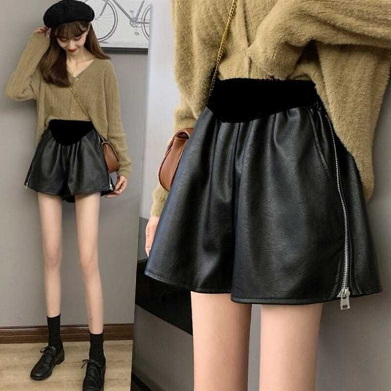 Pregnant women's shorts autumn and winter outerwear fashion leather shorts autumn trendy mother loose wide-leg leather pants bottoming boots pants autumn clothing