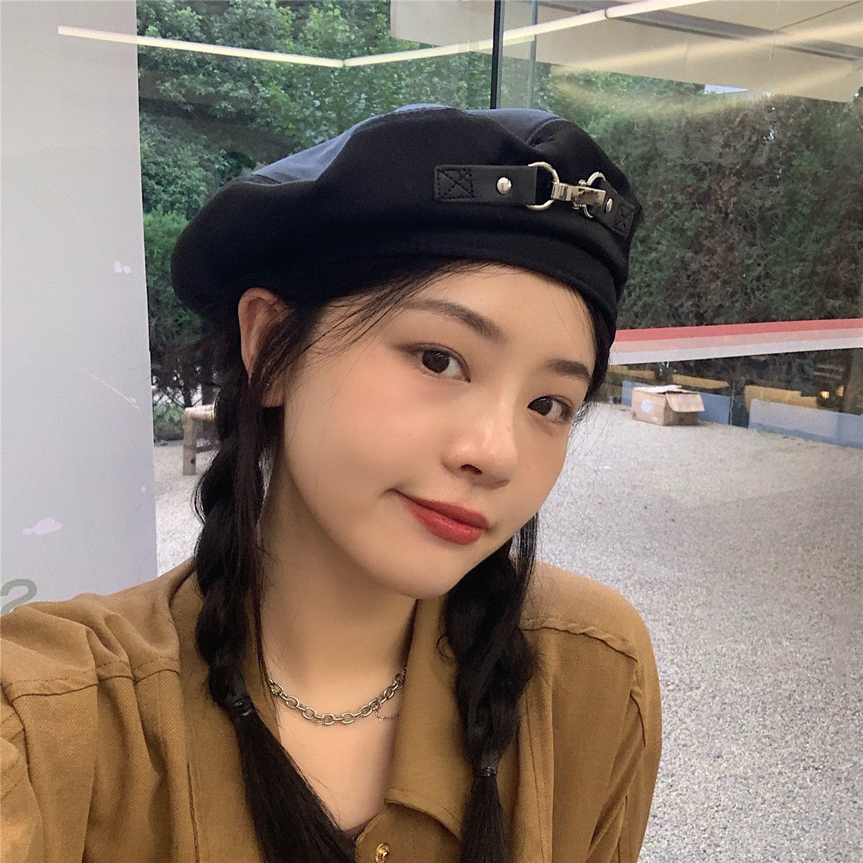 76666-黑色贝雷帽女皮扣设计款暗黑日系小众平顶帽英伦百搭复古画家帽潮-详情图