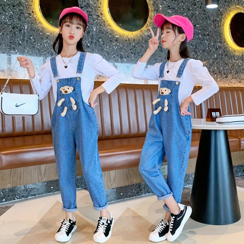 2023新款女童小熊背帶褲春秋款兒童秋裝牛仔褲中大童吊帶褲長褲潮