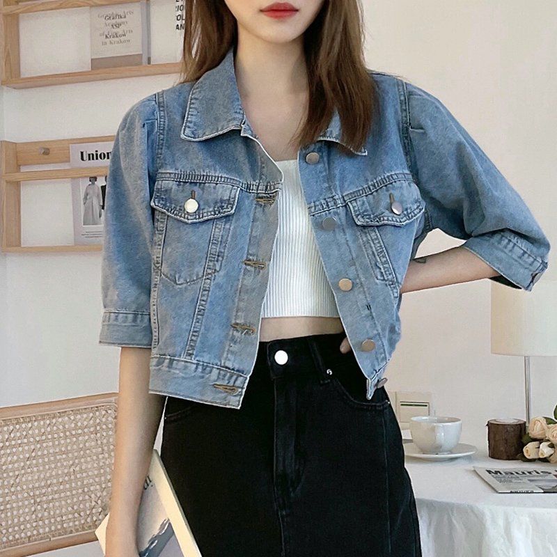 牛仔外套女上衣2021秋新款半袖百搭泡泡袖小坎肩女士外搭軟牛仔衣