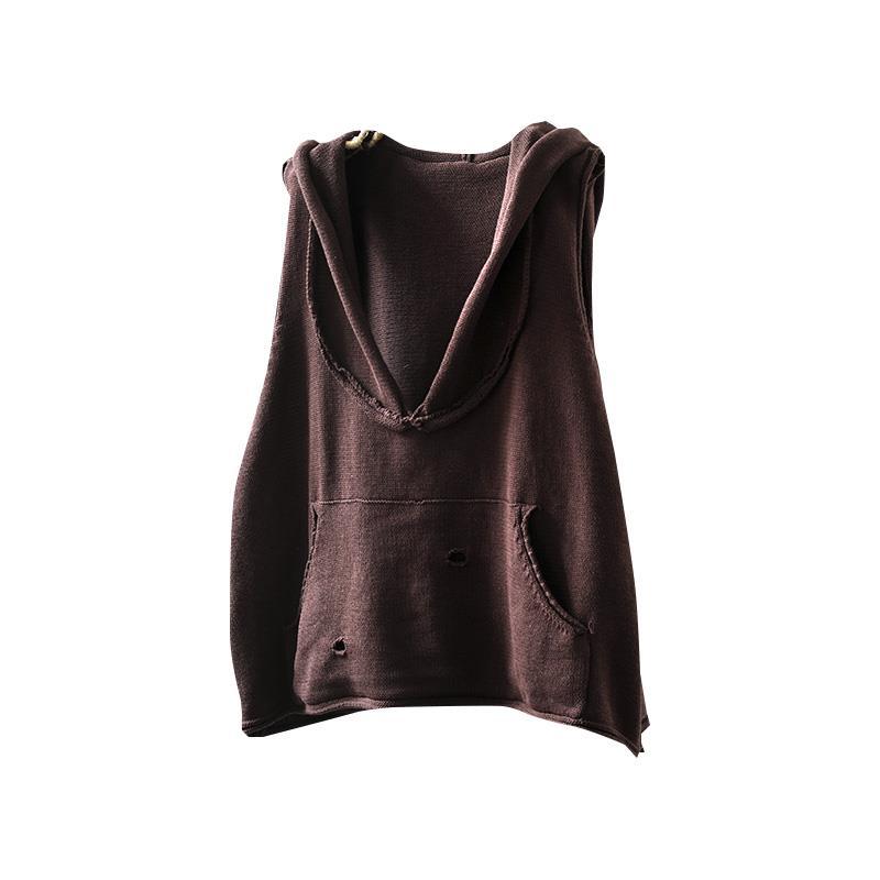 Korean version hooded cotton knitted vest female  spring loose hole V-neck pocket sleeveless vest