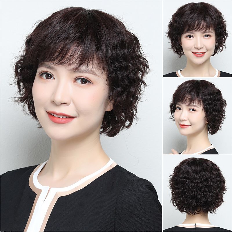 假发短发女夏仿真发全真人发丝妈妈中老年自然全头套短卷假头发套