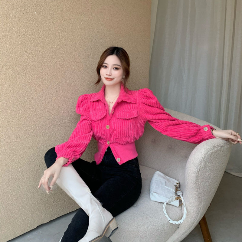  spring new temperament lapel short top, versatile slimming Korean style slim shirt