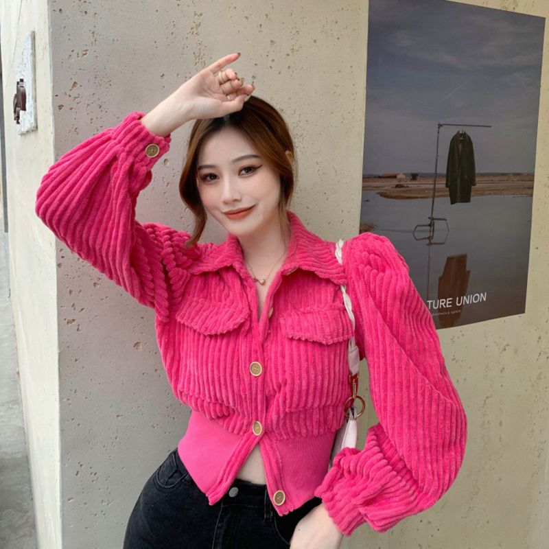  spring new temperament lapel short top, versatile slimming Korean style slim shirt