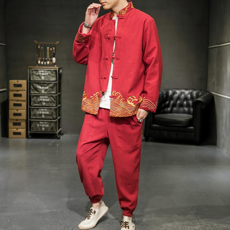 中国风春秋季刺绣夹克两件套中式复古唐装棉麻潮流宽松休闲套装