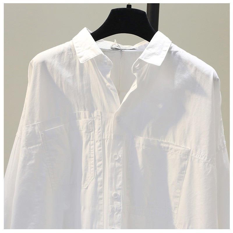 年秋季韩版宽松双口袋中长款白色衬衫女设计感bf风休闲衬衣潮