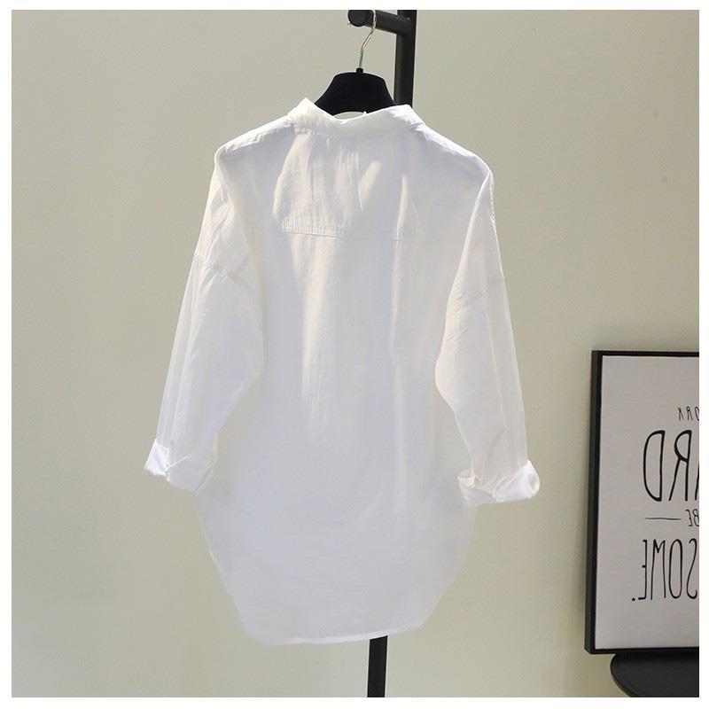 年秋季韩版宽松双口袋中长款白色衬衫女设计感bf风休闲衬衣潮