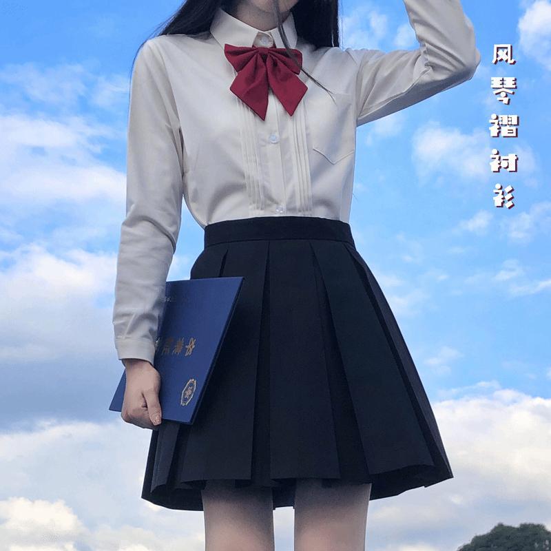 jk制服秋基础款风琴褶日系长袖角襟白色衬衫校园风女学生校服套