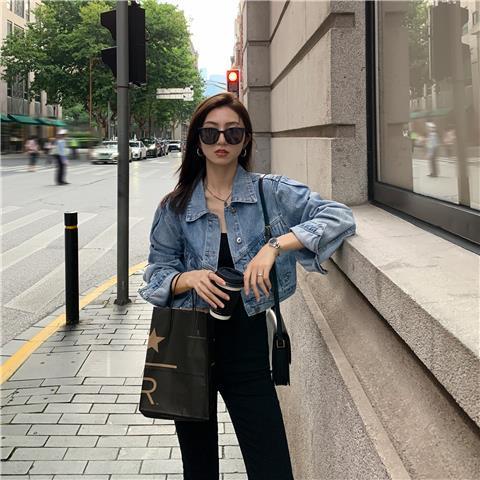 MULVAN blue denim jacket female short section  autumn clothing Korean version loose casual bf wind jacket top