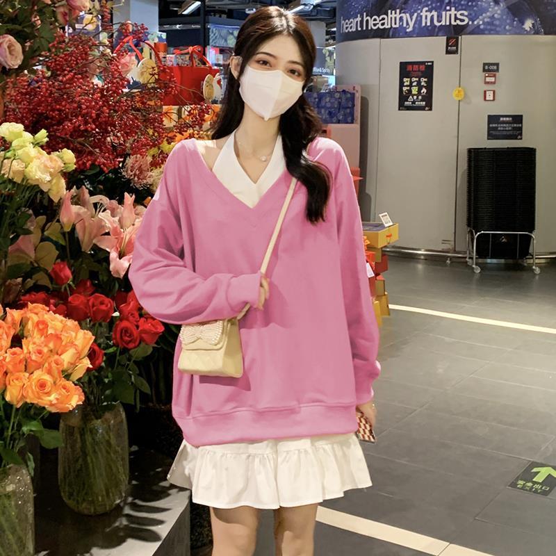【兩件套裝】春秋韓版寬鬆露肩V領長袖純欲衛衣女+掛脖打底連衣裙