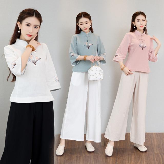 2021新款中國風棉麻瑜伽服禪意茶服禪修服繡花上衣+闊腿褲