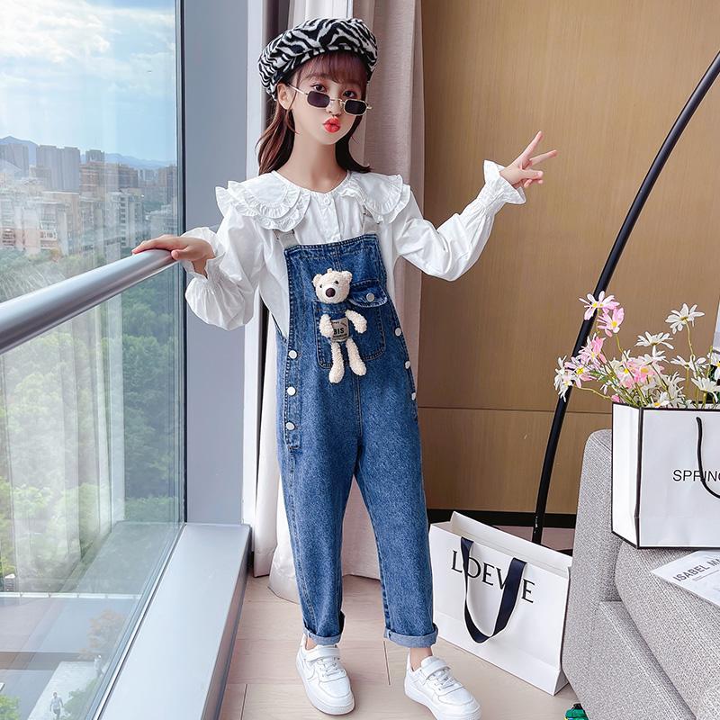 女童春秋款小熊牛仔背帶褲網紅時尚中大童秋裝吊帶褲套裝兒童褲子