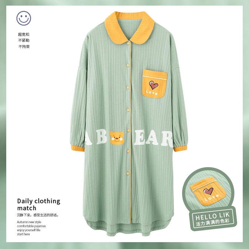 Nightdress women's autumn cotton long-sleeved cardigan pajamas mid-length loose fat MM large size pajamas princess wind home service
