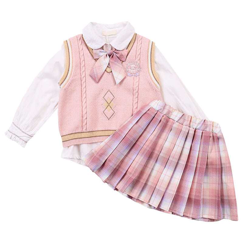 Girls JK suit 2022 spring new woolen vest college style Japanese shirt children's pleated skirt three-piece set
