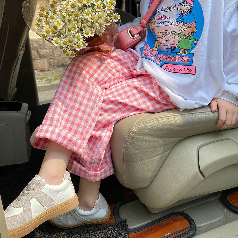 粉色格子褲女童韓版2022早秋新款洋氣韓版休閒褲兒童寶寶時尚長褲