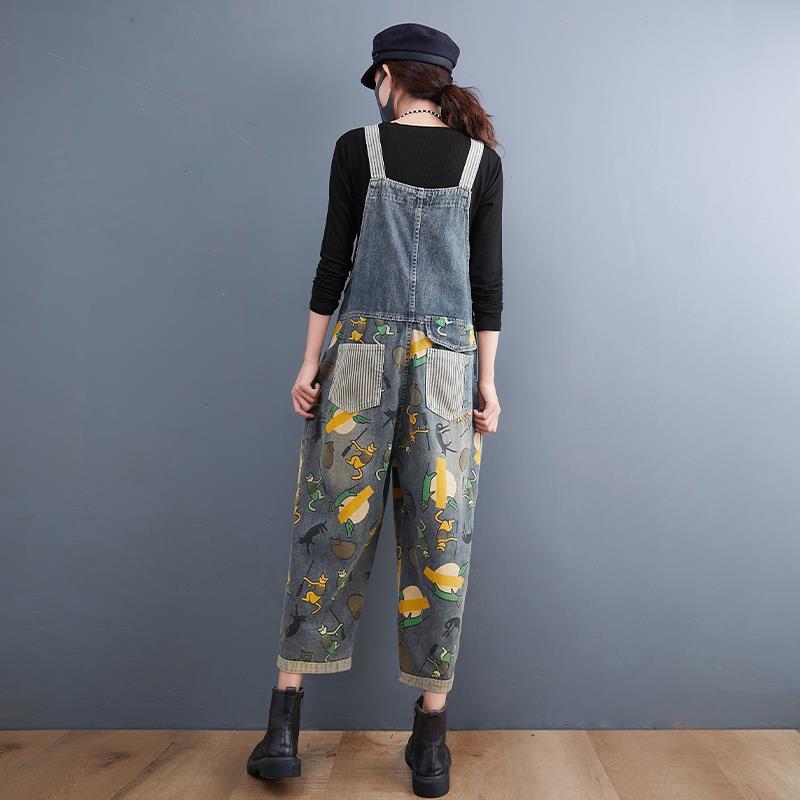 Autumn and winter new 2023 small striped color-blocking denim printed overalls women's loose casual age-reducing jumpsuit