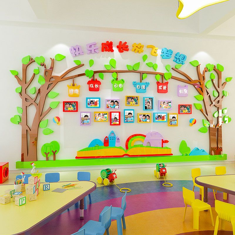 3d立体幼儿园照片墙面装饰培训班亚克力环境布置背景墙贴画成长树