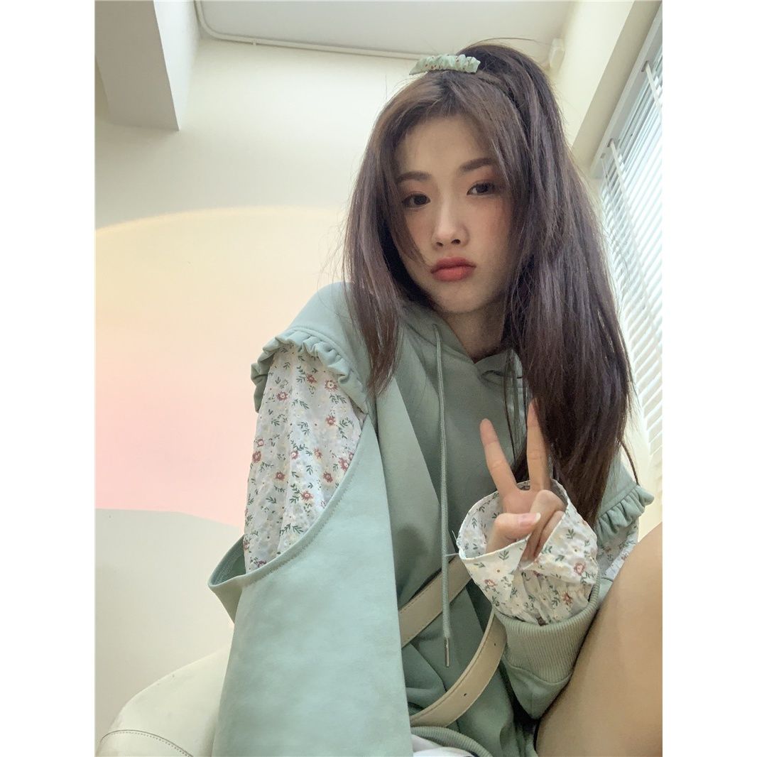 【兩件套裝】春秋新款女生衛衣森系少女學生連帽衫+碎花半身裙子